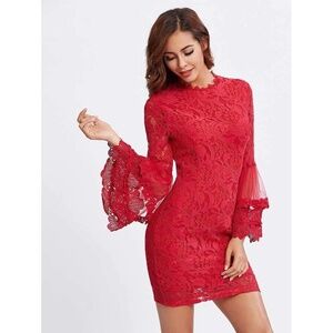 VGUC Hello Molly - Tiered Bell Sleeve Fitted Red Lace Dress - Size (US) XS 2